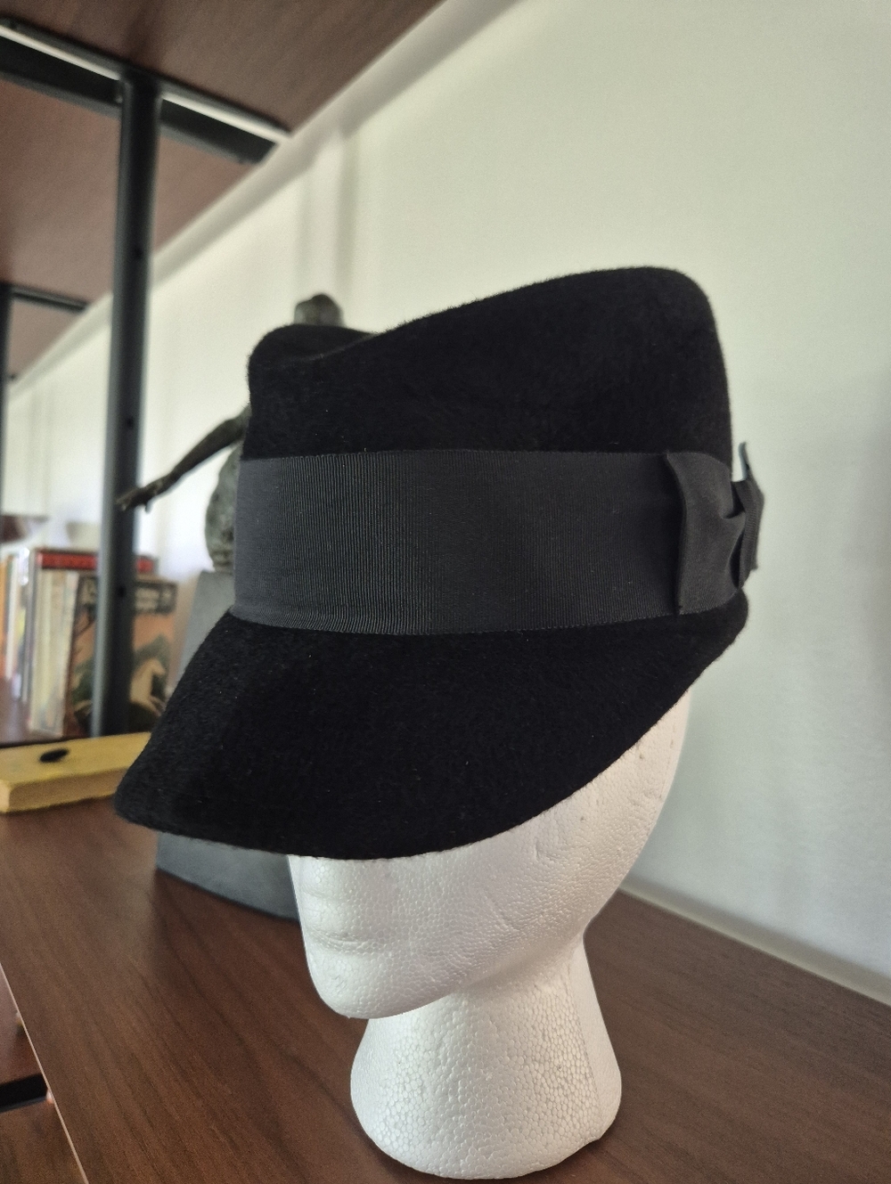 Gigi Burris Black Wool Felt Wide-Brim Hat with Wide Black Grosgrain Ribbon